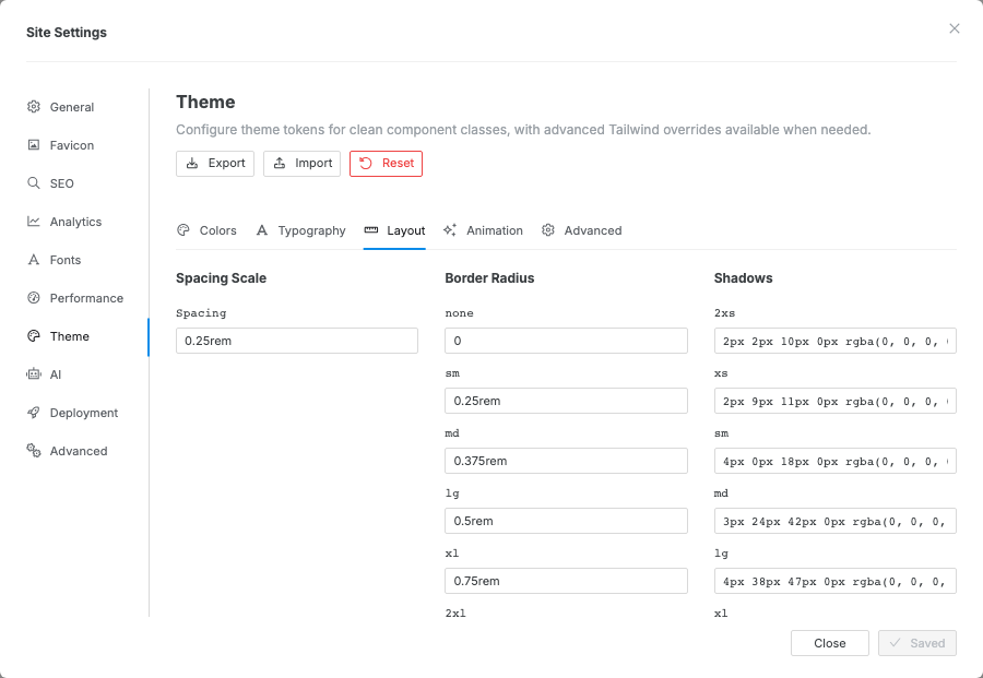 The Layout tab in Theme settings, showing spacing, border radius, and shadow token inputs.