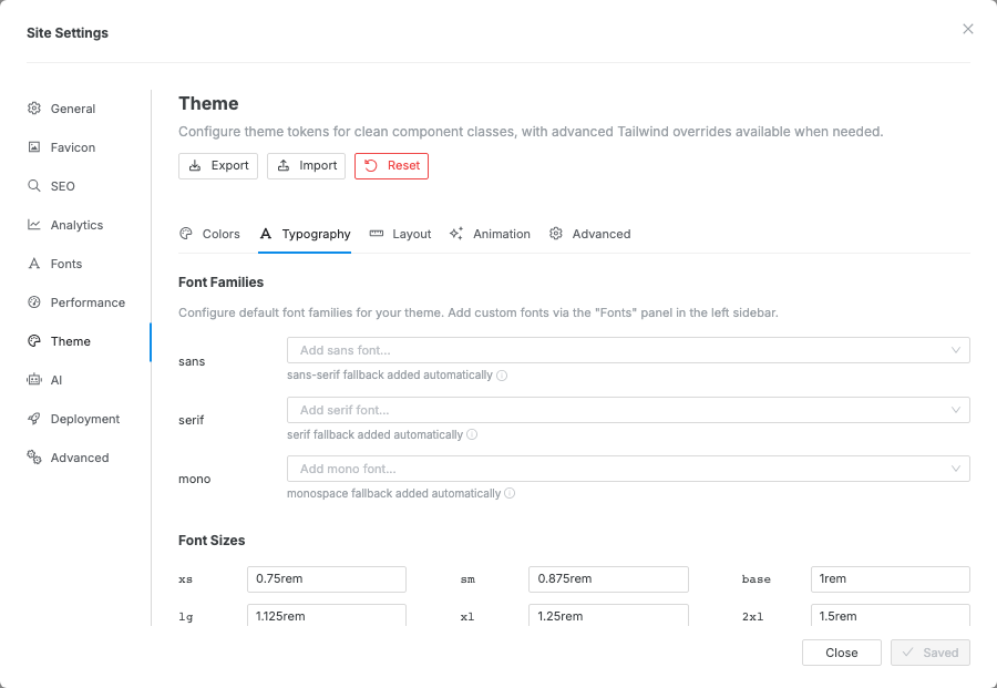 The Typography tab in Theme settings, showing font family selectors and font size controls.