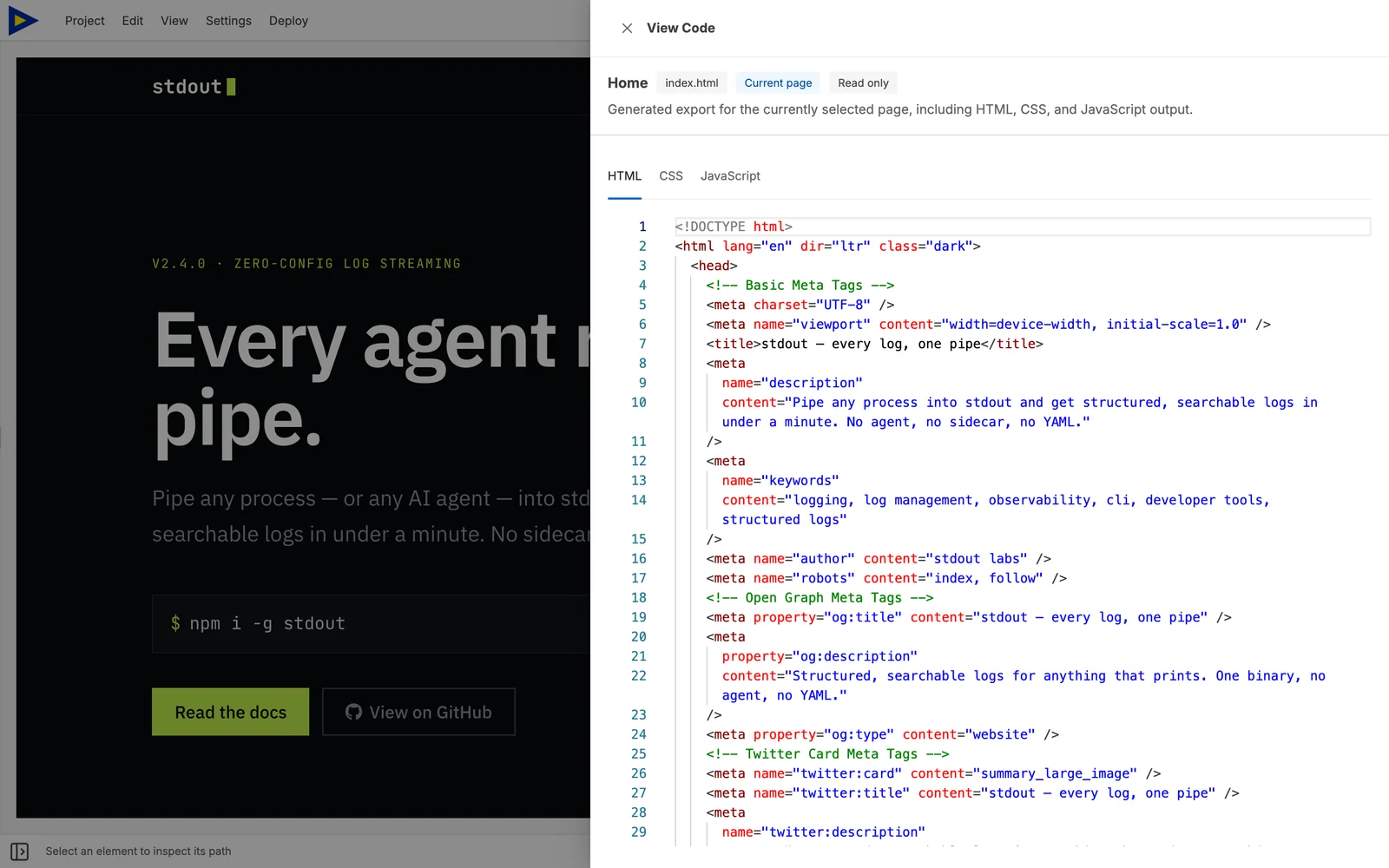 Swebsy's View Code drawer showing the generated HTML of the current page beside the canvas.